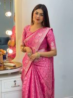 Original Soft Silk Katan Saree Premium Combo Gift Package - Pink - Image 2