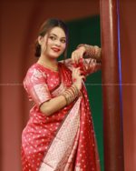 Semi Benaroshi Soft Silk Katan Saree - Red - Image 10