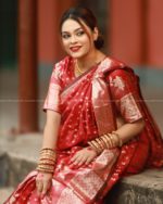 Semi Benaroshi Soft Silk Katan Saree - Red - Image 3