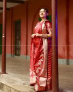 Semi Benaroshi Soft Silk Katan Saree - Red - Image 5