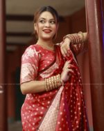 Semi Benaroshi Soft Silk Katan Saree - Red - Image 7
