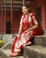 Semi Benaroshi Soft Silk Katan Saree - Red - Image 9